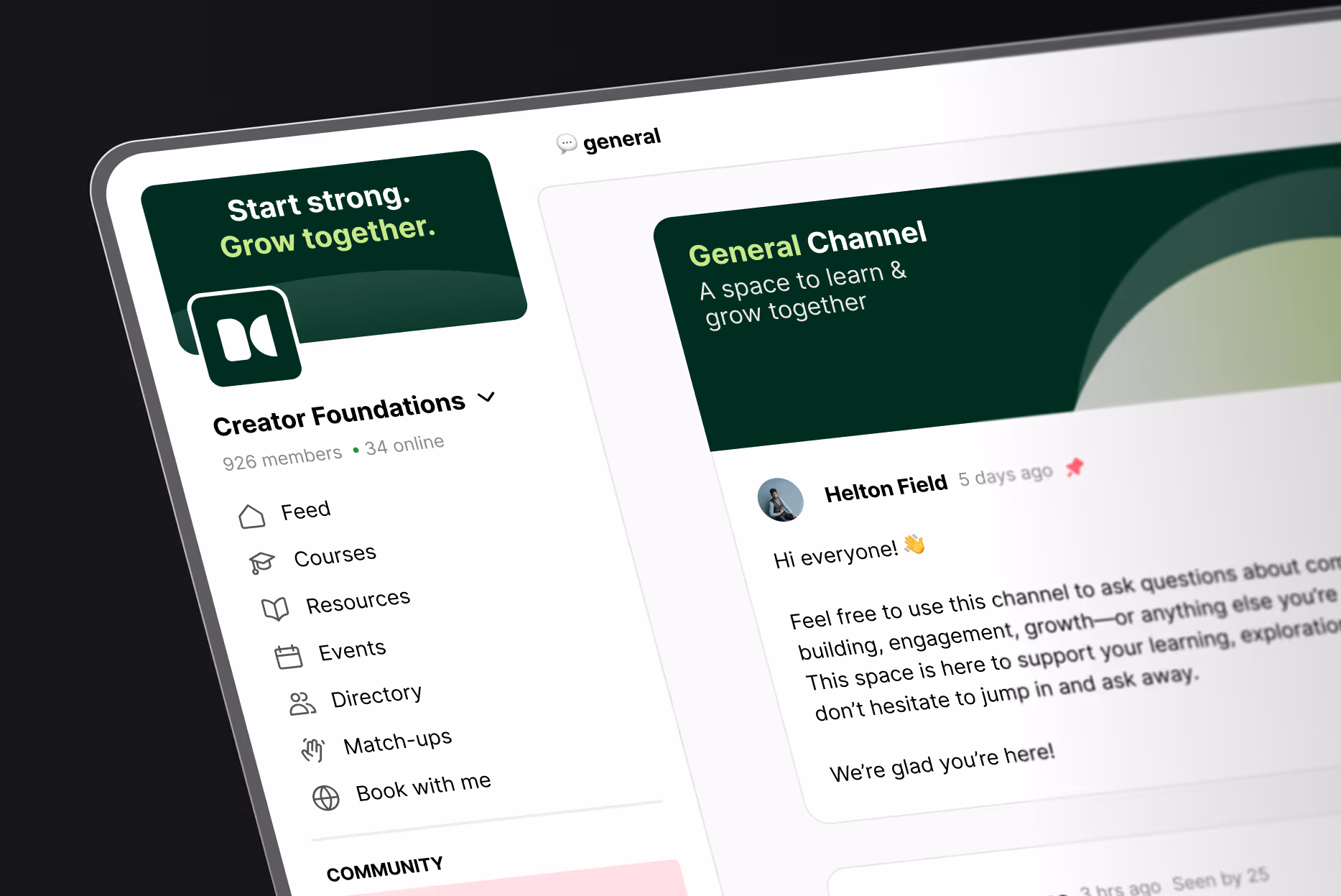 The Heartbeat desktop app showing a community feed, channels, and events