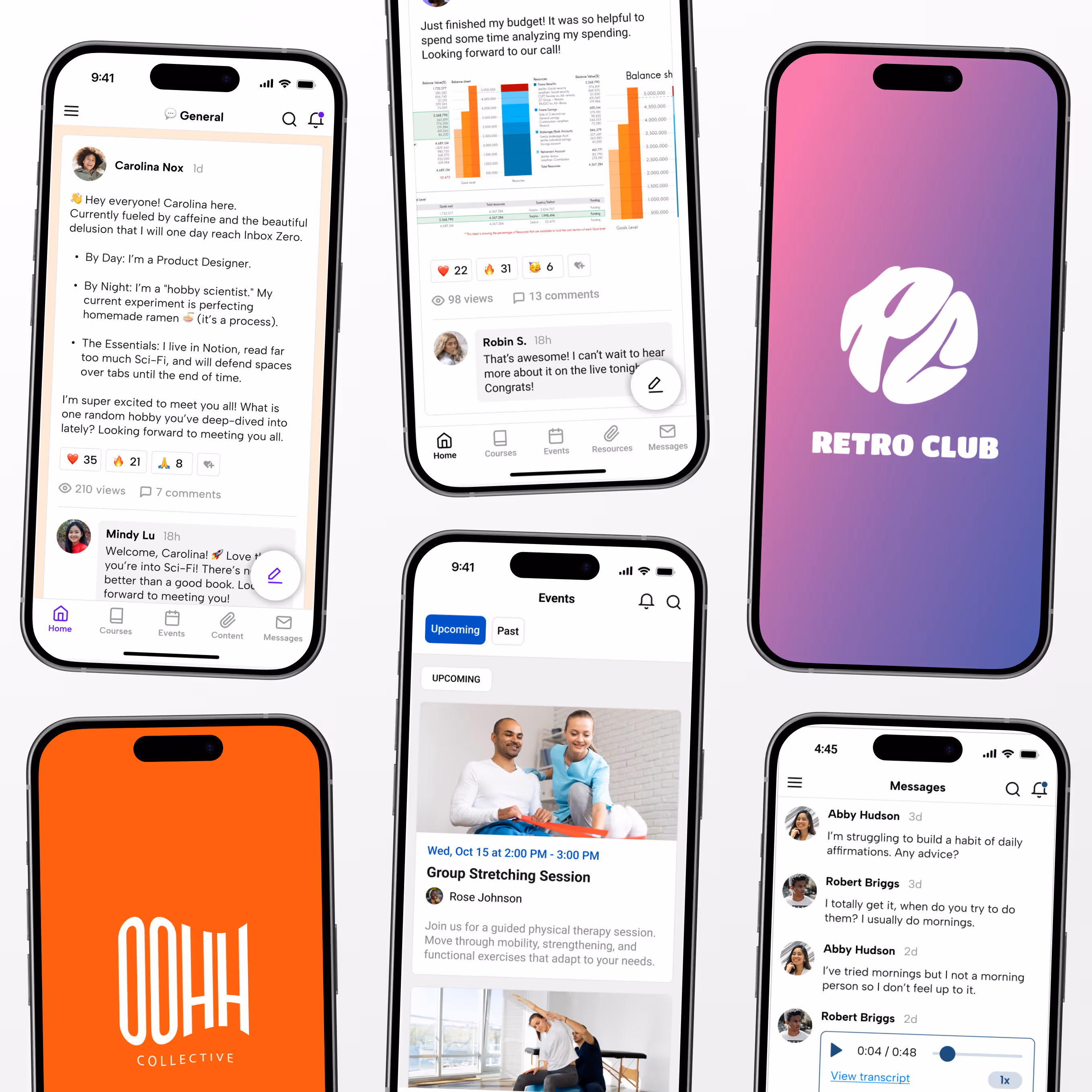A branded community app shown across several phone screens