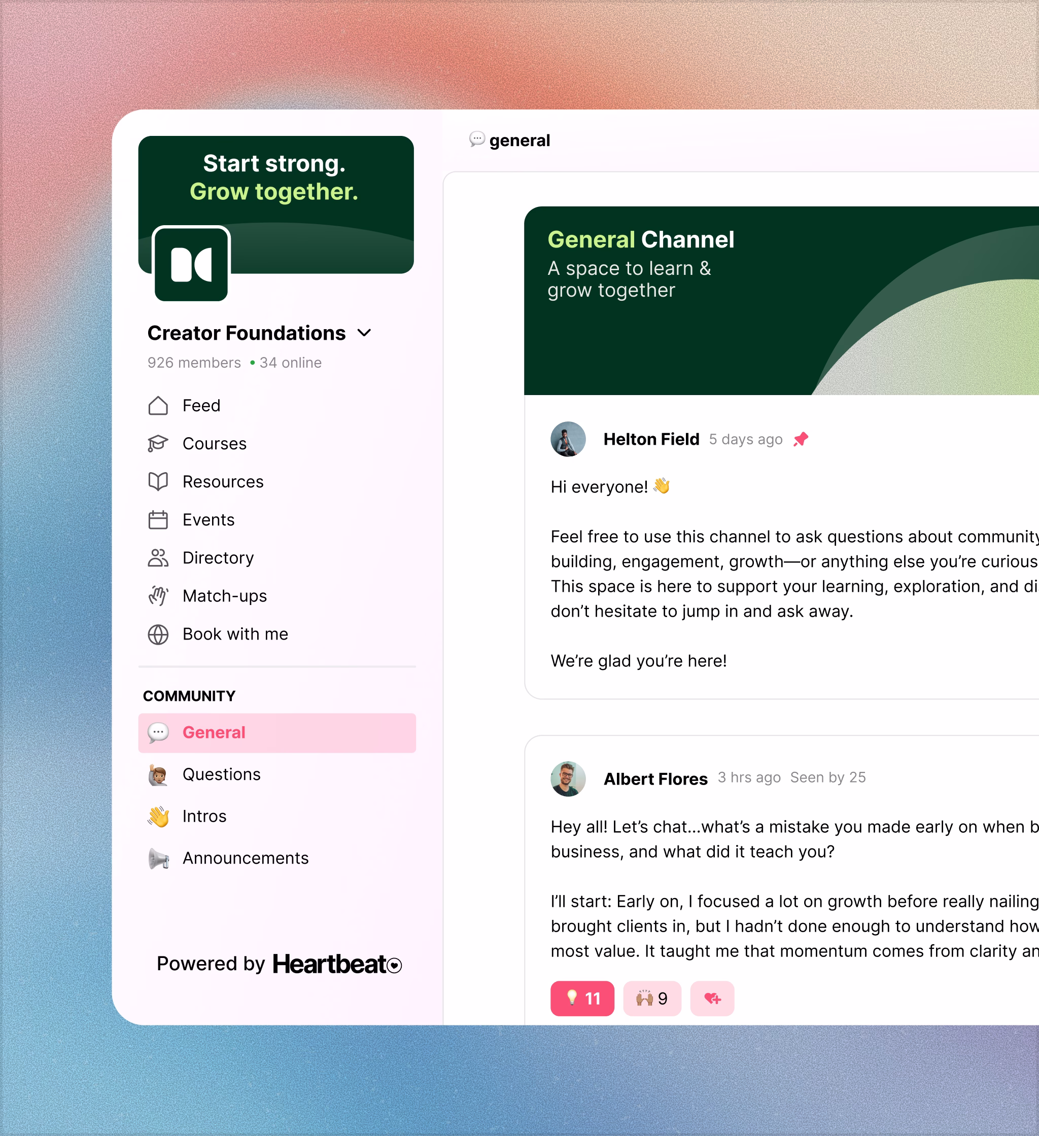 Heartbeat community discussion view with channels and member conversations