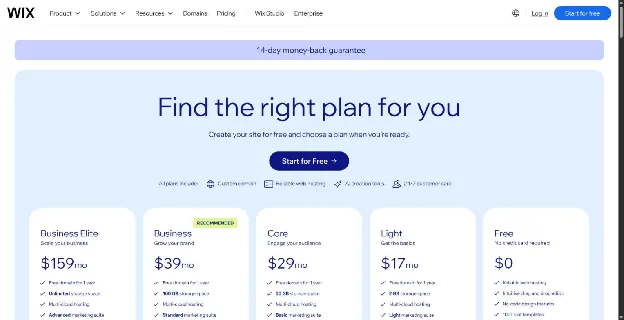 Wix pricing page showing the Business Elite, Business, Core, Light and Free plans at $159, $39, $29, $17 and $0 a month