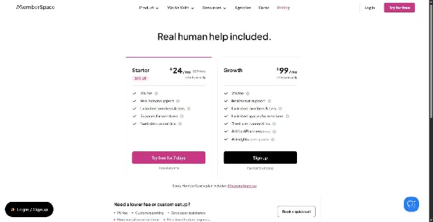 MemberSpace pricing page showing the Starter plan at $24 a month (regularly $39) with a 5% fee and the Growth plan at $99 a month with a 2% fee, both billed annually