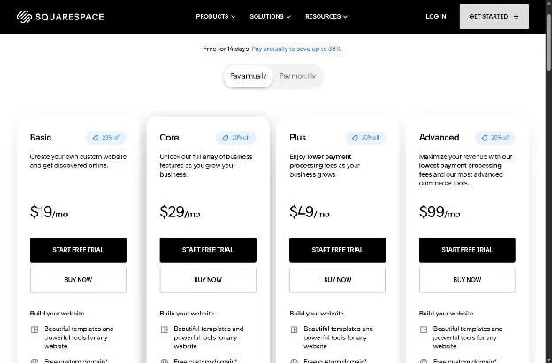 Squarespace pricing page showing the Basic, Core, Plus and Advanced plans at $19, $29, $49 and $99 a month when paid annually