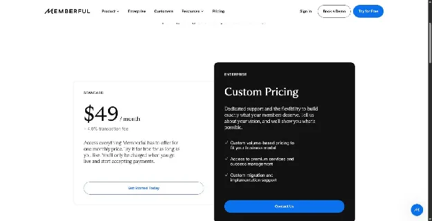 Memberful pricing page showing the Standard plan at $49 a month plus a 4.9% transaction fee, next to custom-priced Enterprise