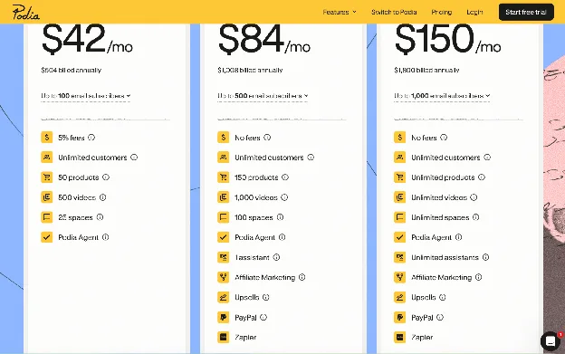 Podia's pricing page with the Mover, Shaker and Earthquaker plans, billed yearly