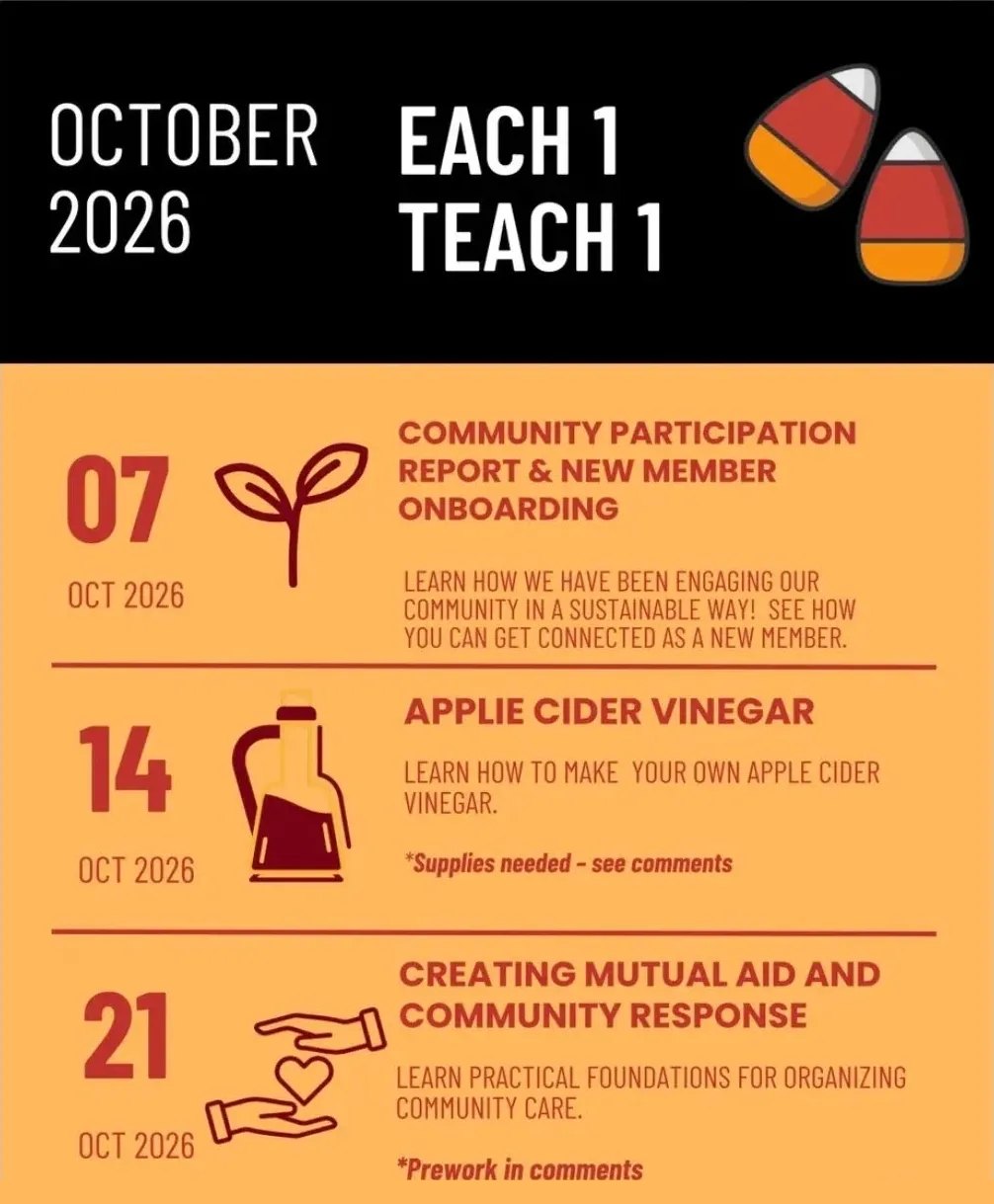 The October 2026 Each One Teach One schedule: a community participation report and new member onboarding on October 7, making apple cider vinegar on October 14, and creating mutual aid and community response on October 21