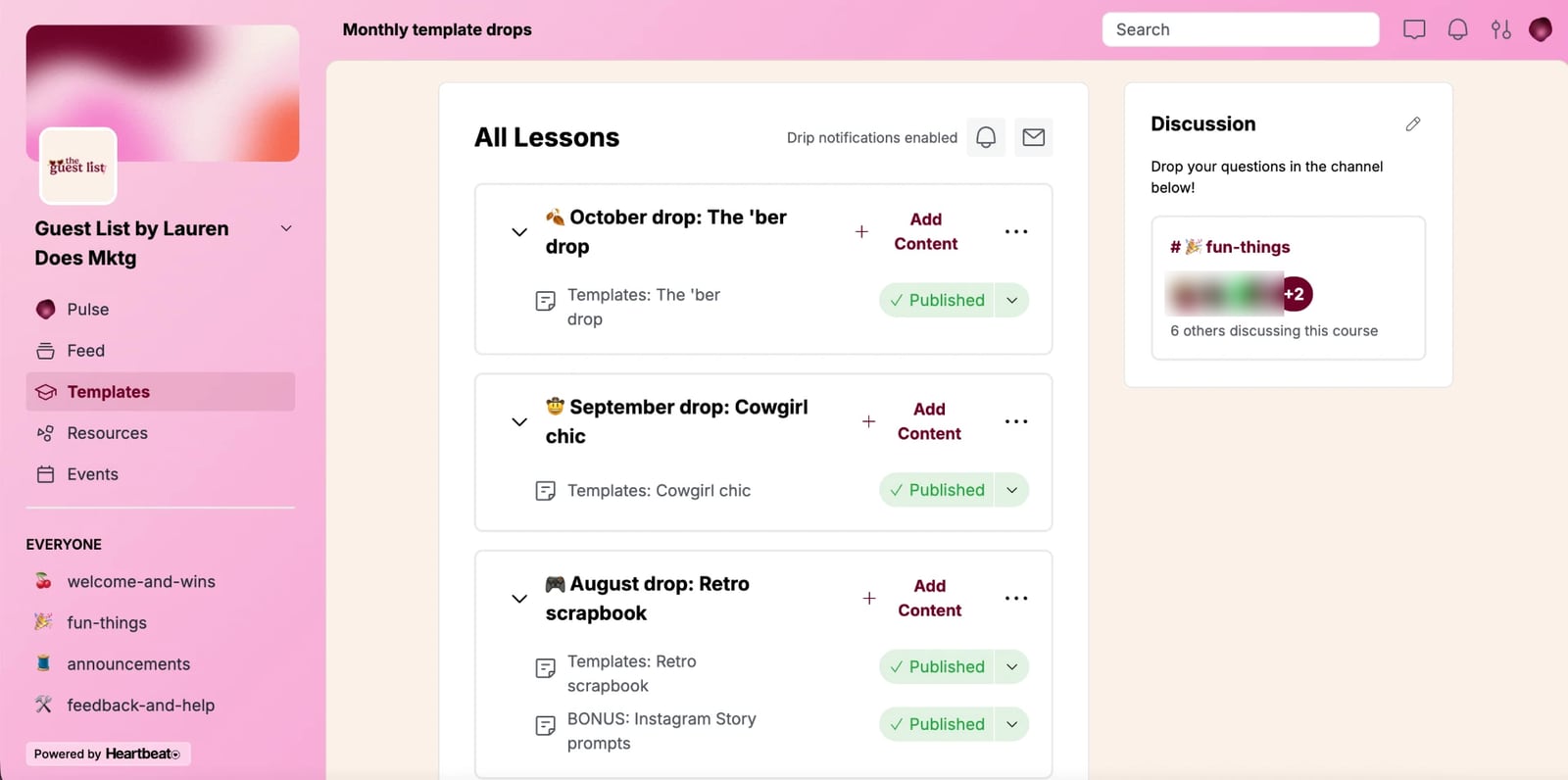 The Monthly template drops course in The Guest List on Heartbeat, with the October, September and August Canva template drops published