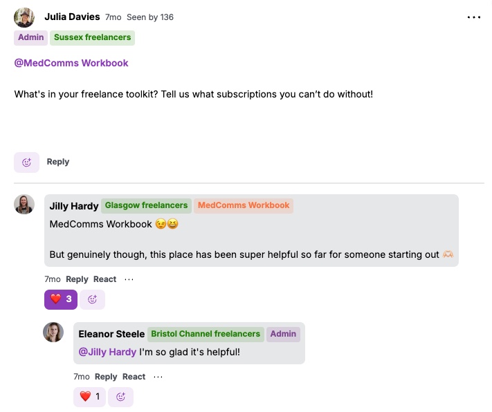 A post in MedComms Workbook asking members which subscriptions they can't do without, with a member's reply and an answer from Eleanor Steele