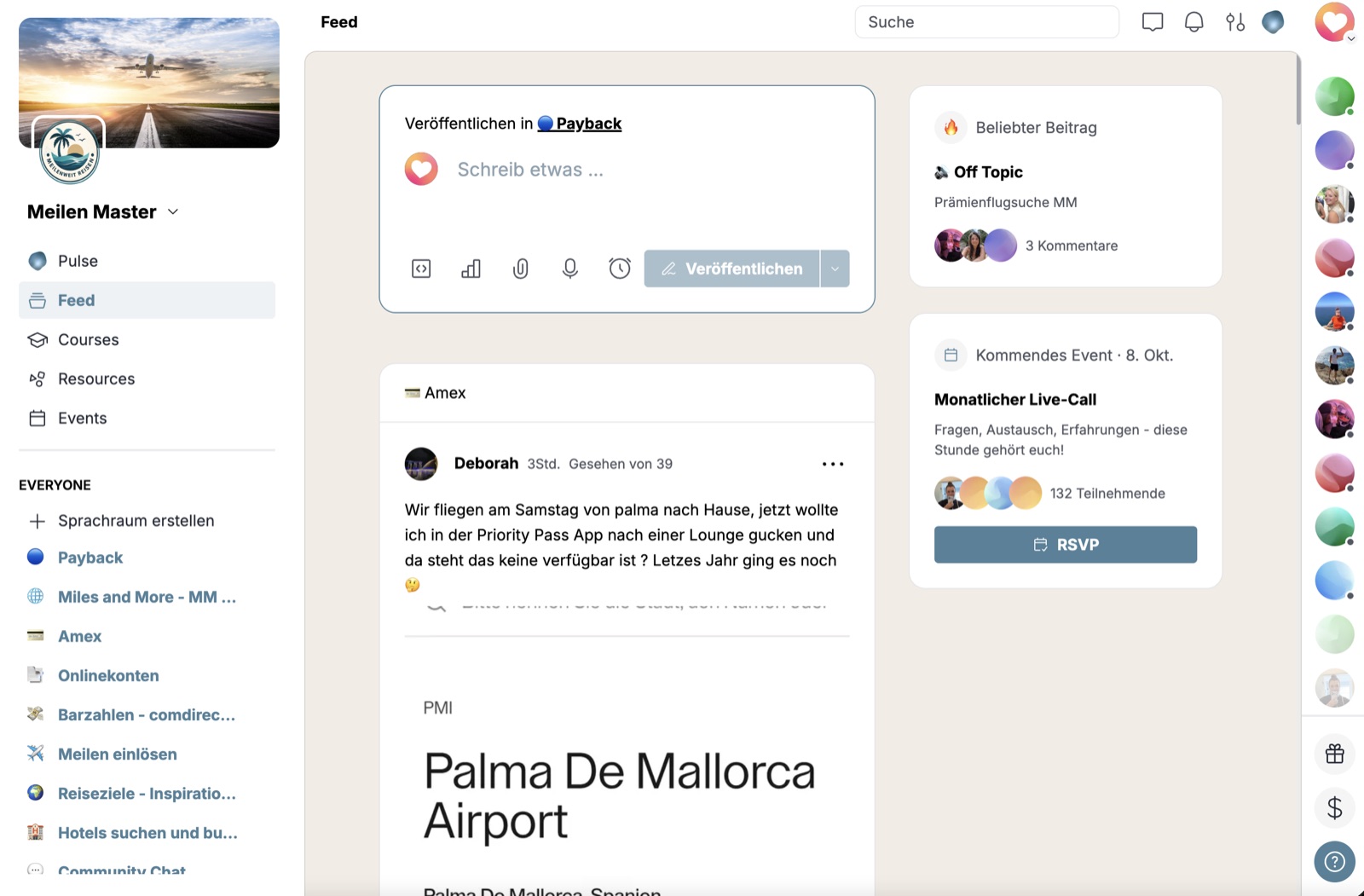 The Meilen Master feed on Heartbeat, with topic channels for Payback, Miles & More and Amex, a member post and the next Monatlicher Live-Call