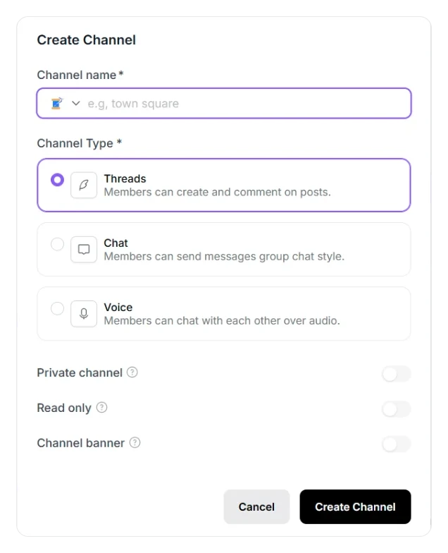 The Create Channel window in Heartbeat, with three Channel types (Threads, Chat and Voice) and toggles for Private channel, Read only and Channel banner