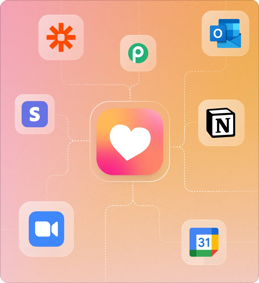 Heartbeat integrations including Outlook, Zoom, Google Calendar, Stripe, Zapier, and Notion
